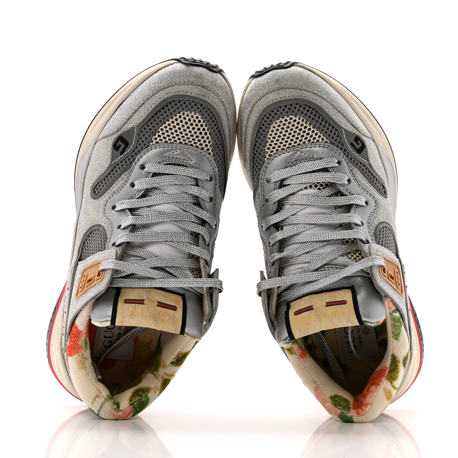 Gucci Metallic Calfskin Glitter Mesh Womens Ultrapace Sneakers 37.5 Silver Light Grey Mystic White 2 of 13