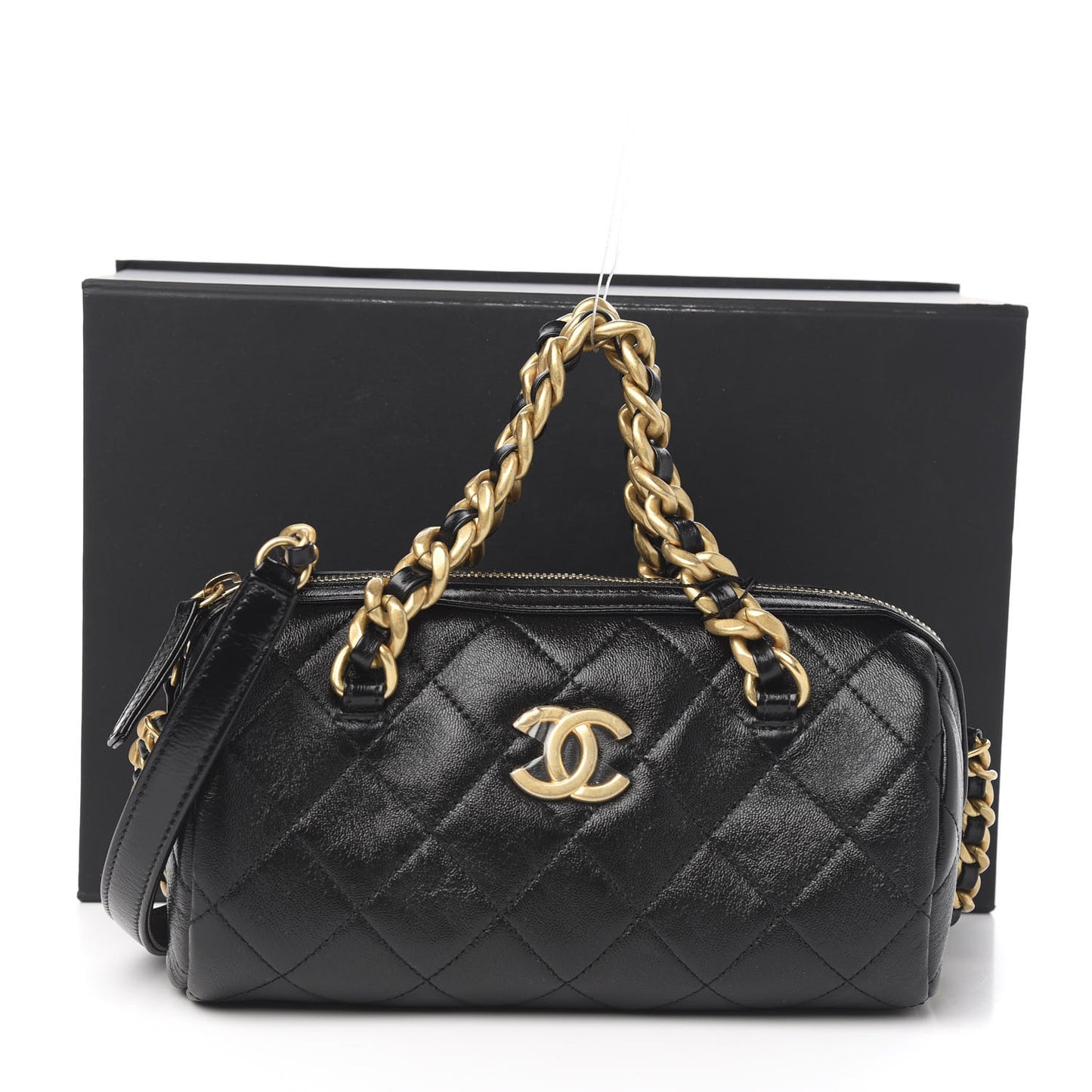 Shiny Lambskin Quilted Small Fashion Therapy Bowling Bag Black