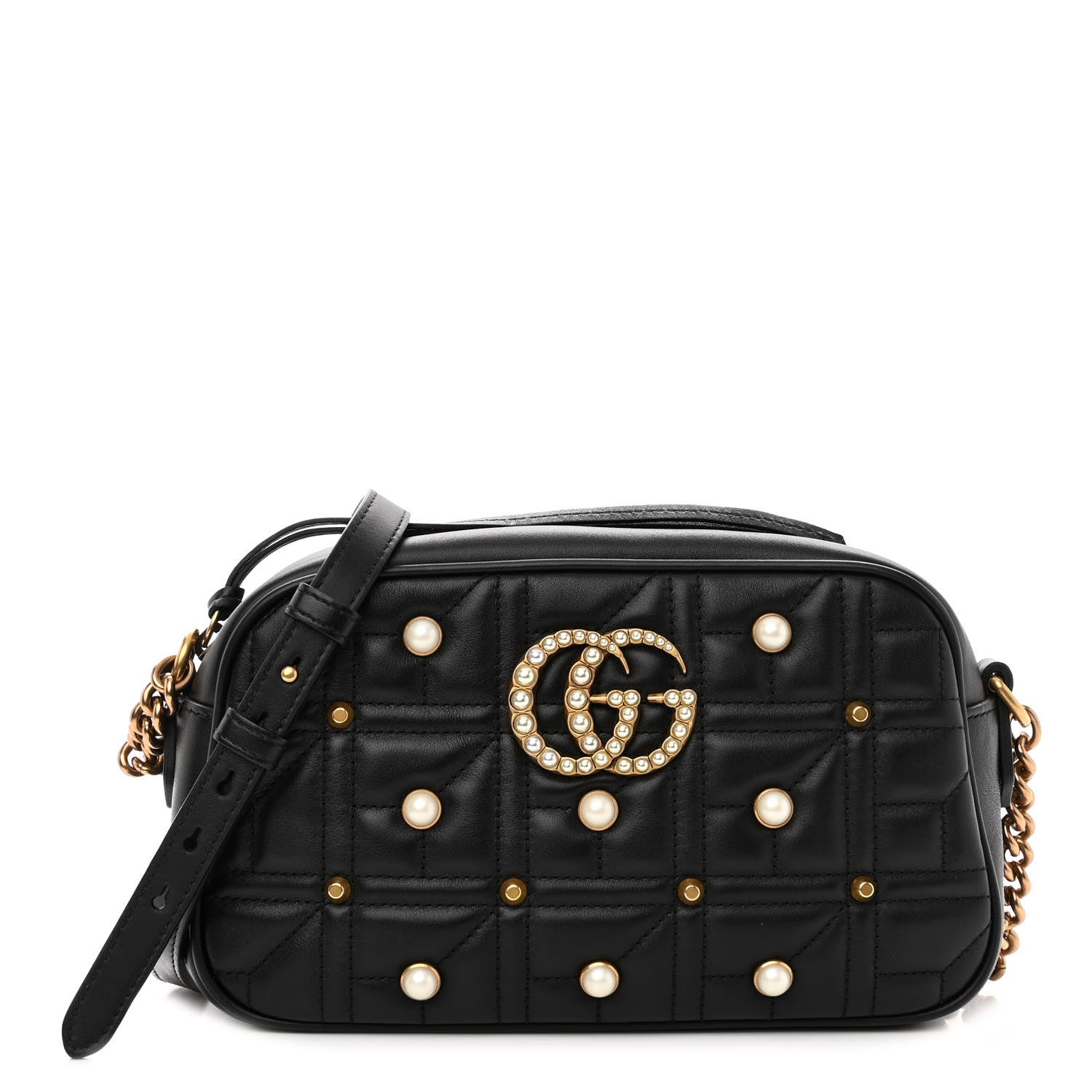 Gucci Calfskin Matelasse Studded Small Pearly GG Marmont Chain Shoulder Bag Black 1 of 9