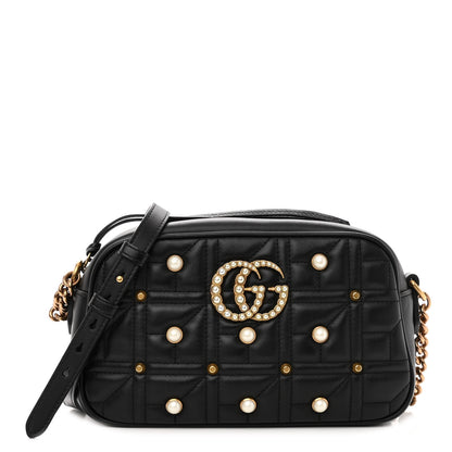 Gucci Calfskin Matelasse Studded Small Pearly GG Marmont Chain Shoulder Bag Black 1 of 9