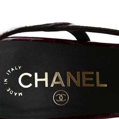Chanel Patent Calfskin Crocodile Embossed Cap Toe CC Slingback Sandals 39 Dark Burgundy Black 8 of 10