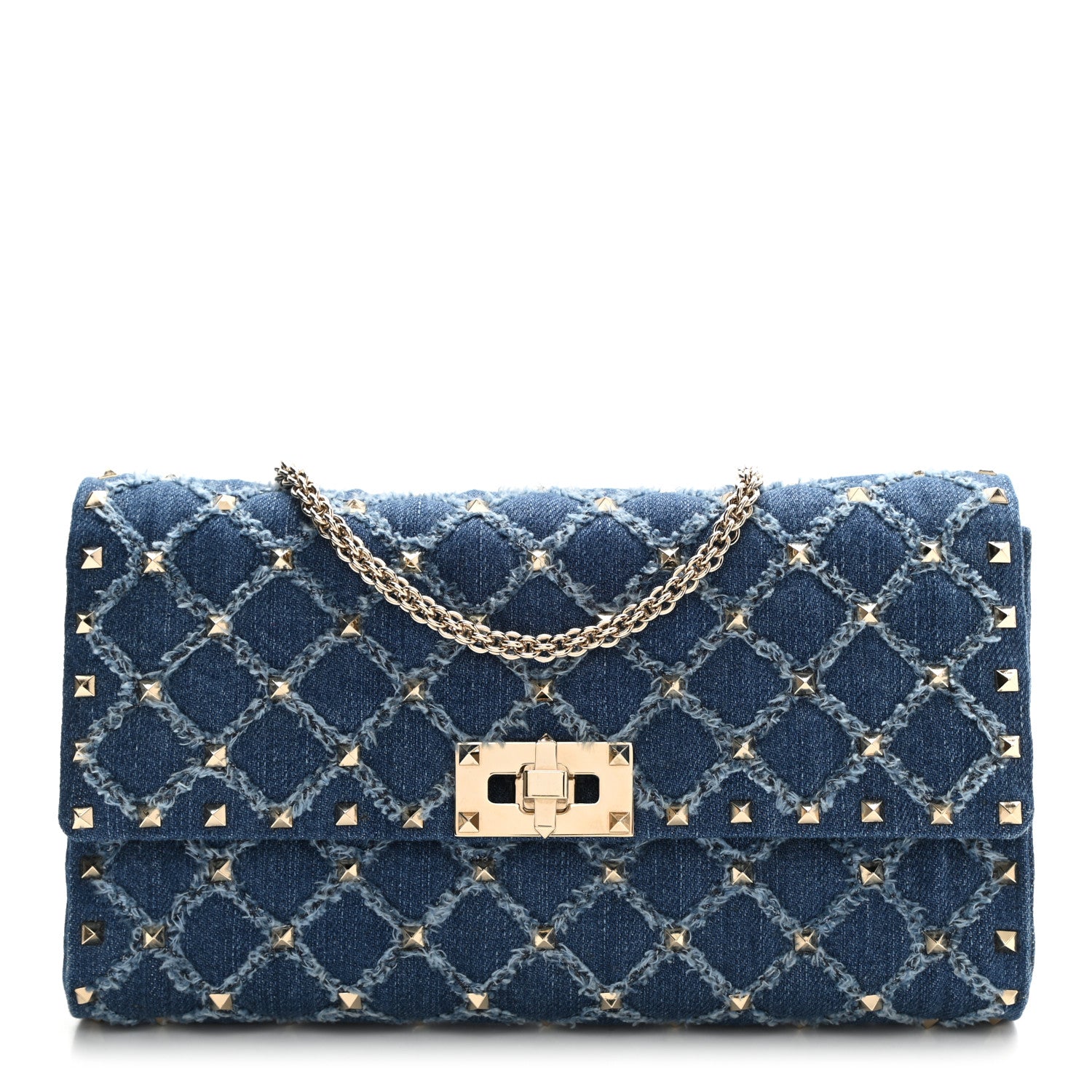 Valentino Garavani Denim Rockstud Spike Wallet on Chain Blue 2 of 16