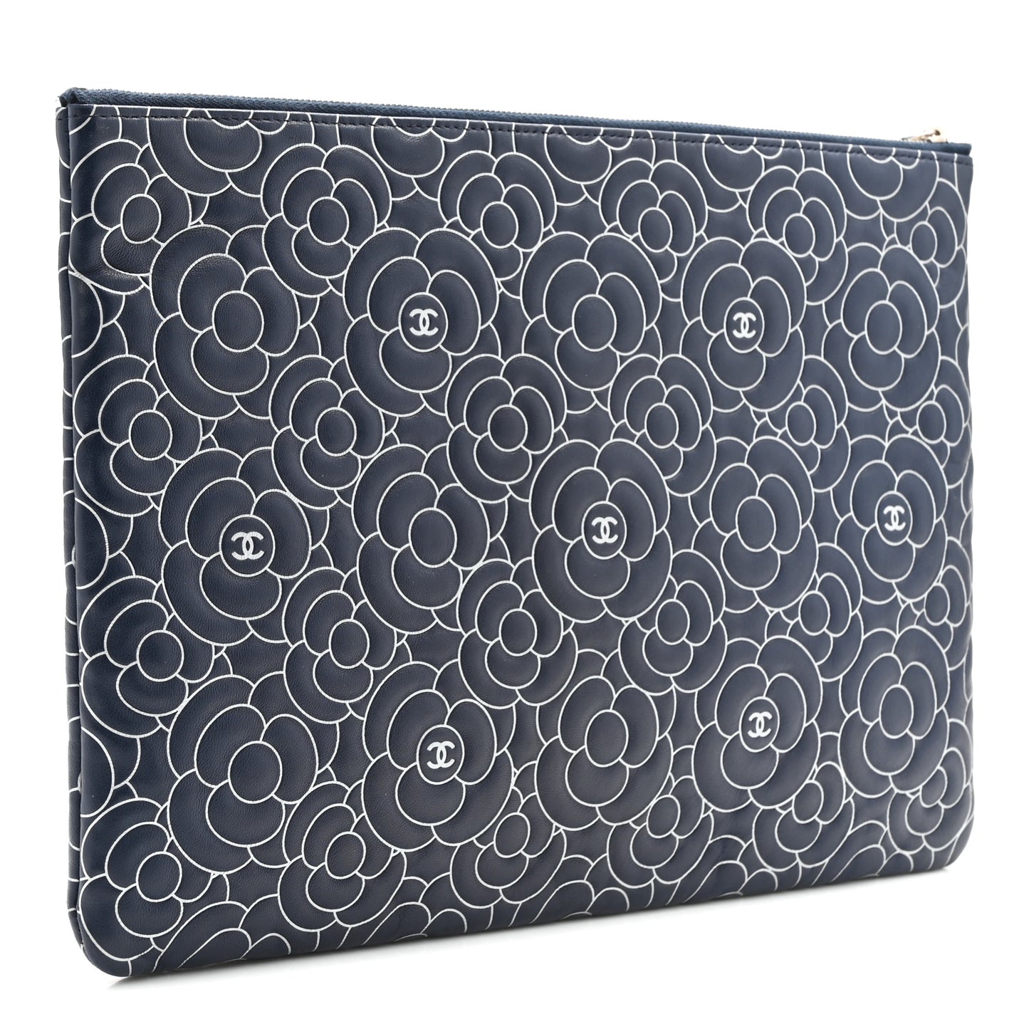 Lambskin Camellia Embossed Large Cosmetic Case Navy Silver