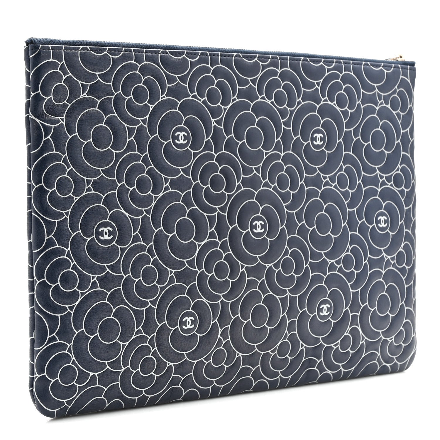 Chanel Lambskin Camellia Embossed Large Cosmetic Case Navy Silver 3 of 7