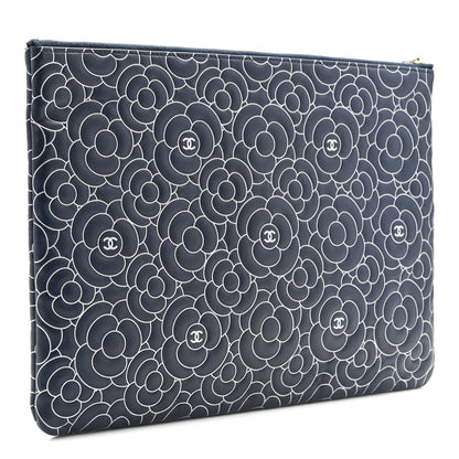 Chanel Lambskin Camellia Embossed Large Cosmetic Case Navy Silver 3 of 7