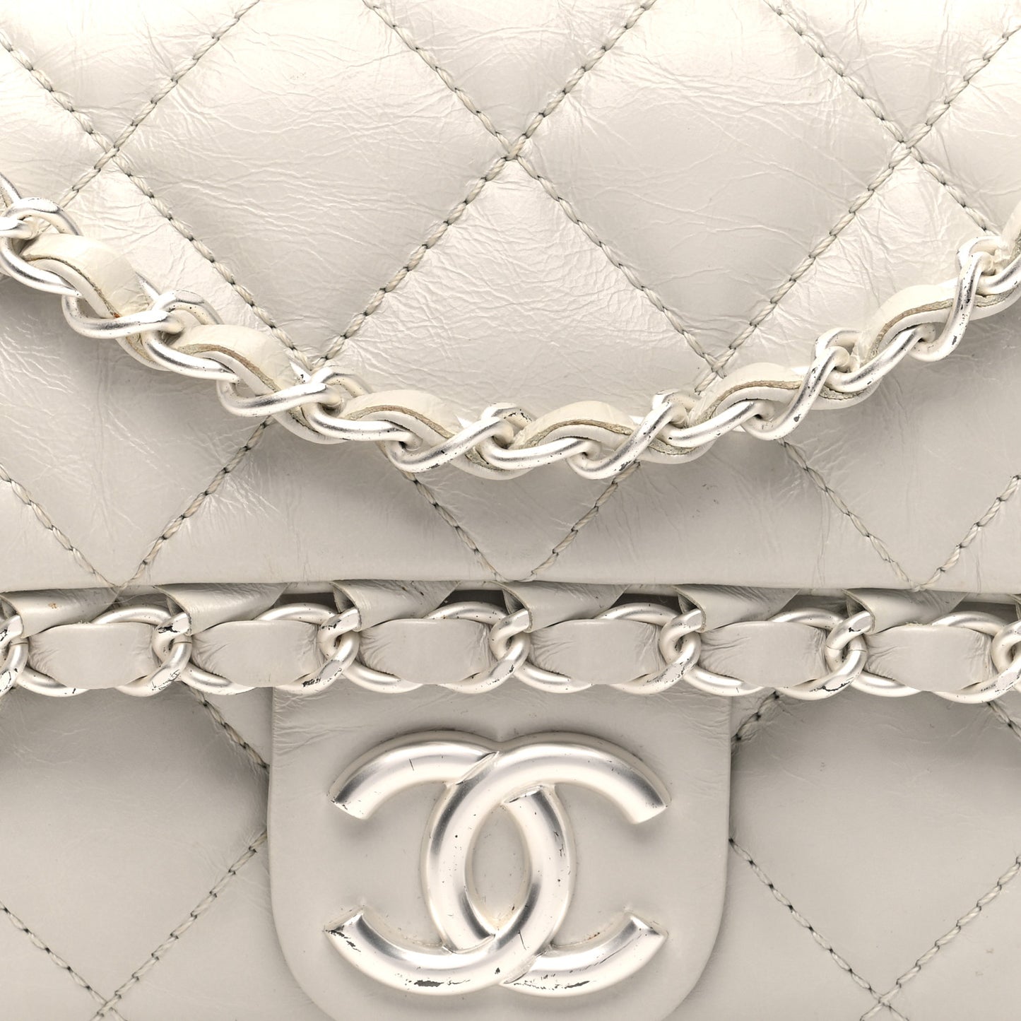 Aged Calfskin Quilted Small Chain Me Flap White