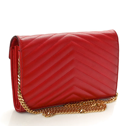 Saint Laurent Grain De Poudre Matelasse Chevron Monogram Chain Wallet Red 3 of 13