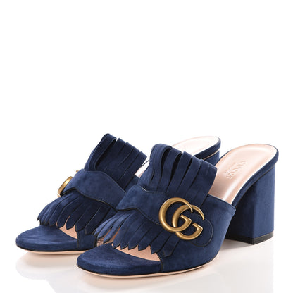 Gucci Kid Scamosciato GG Marmont Fringe 75mm Slide Sandals 37.5 Blue Ink 2 of 11