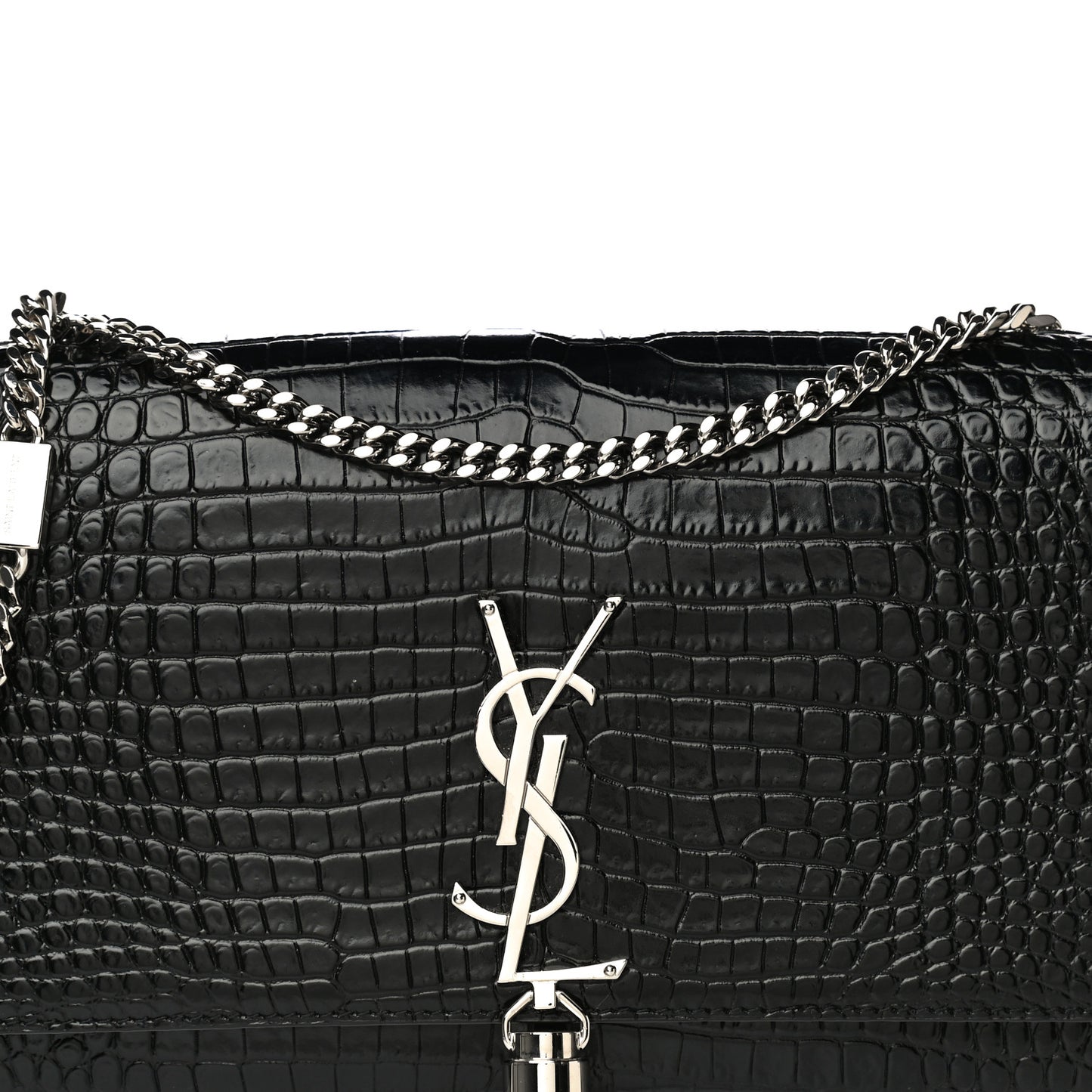 Calfskin Crocodile Embossed Medium Classic Monogram Kate Tassel Satchel Black
