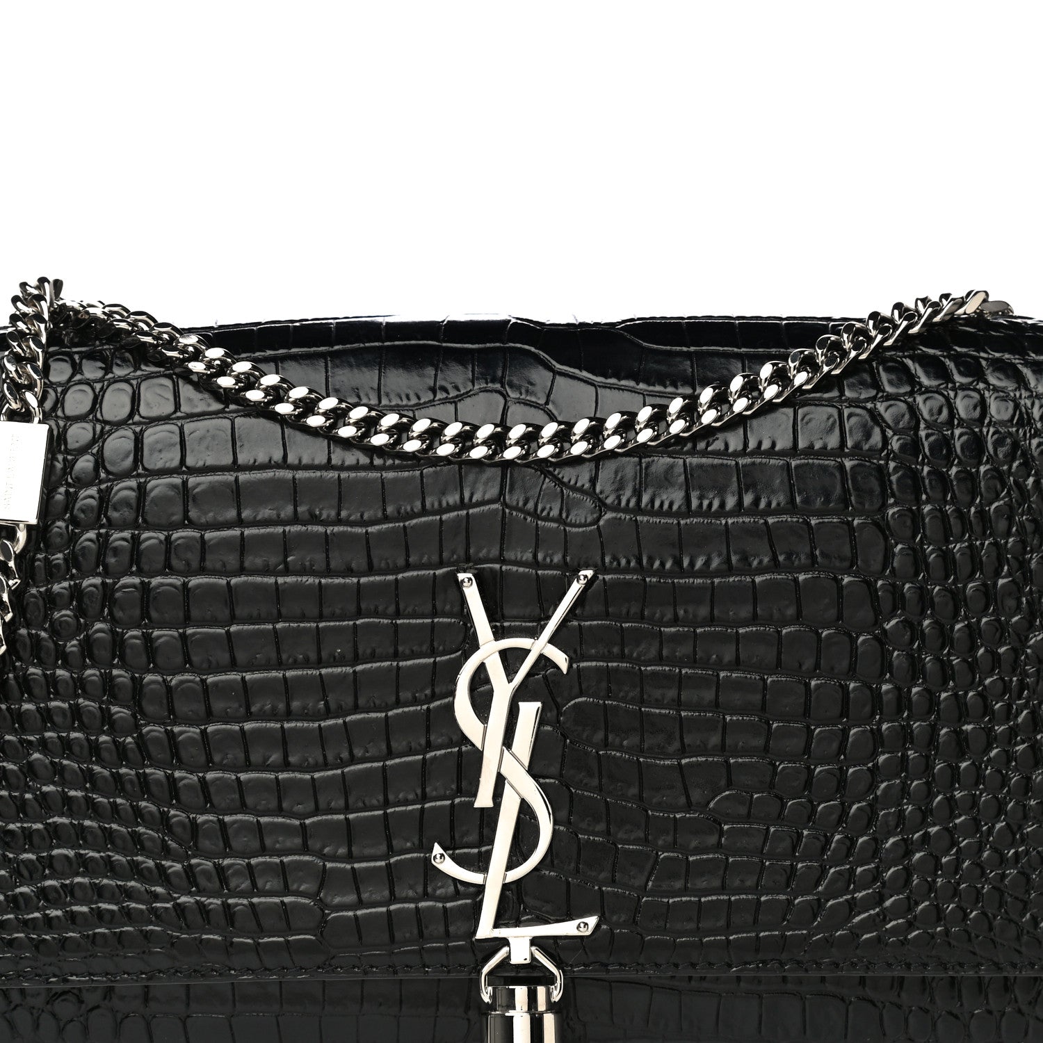 Saint Laurent Calfskin Crocodile Embossed Medium Classic Monogram Kate Tassel Satchel Black 8 of 9