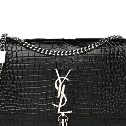 Saint Laurent Calfskin Crocodile Embossed Medium Classic Monogram Kate Tassel Satchel Black 8 of 9