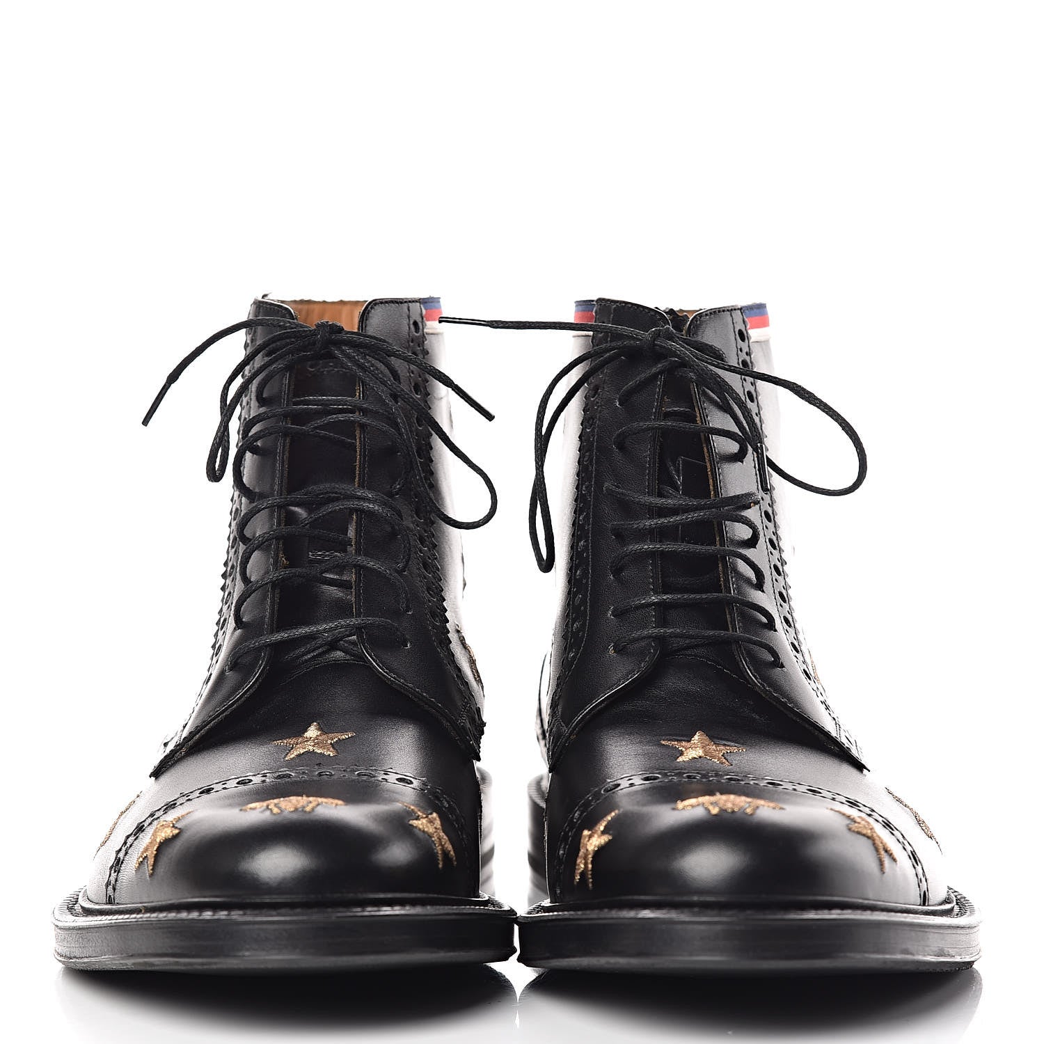 Gucci Calfskin Sylvie Web Bee Star Embroidered Mens Brogue Captoe Boots 7 Black 2 of 13