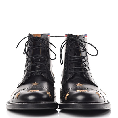 Gucci Calfskin Sylvie Web Bee Star Embroidered Mens Brogue Captoe Boots 7 Black 2 of 13