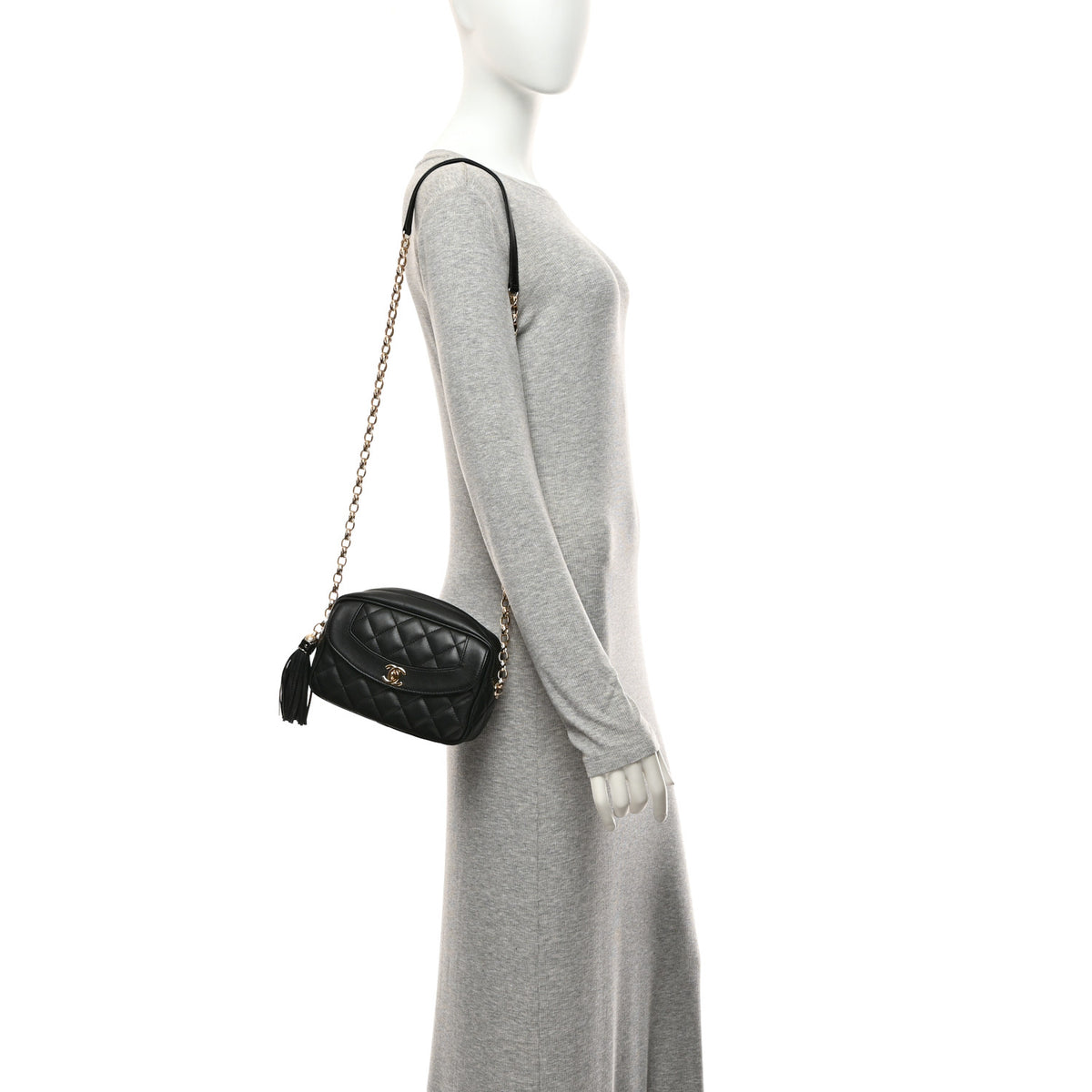 Lambskin Quilted Tassel Flap Camera Case Black