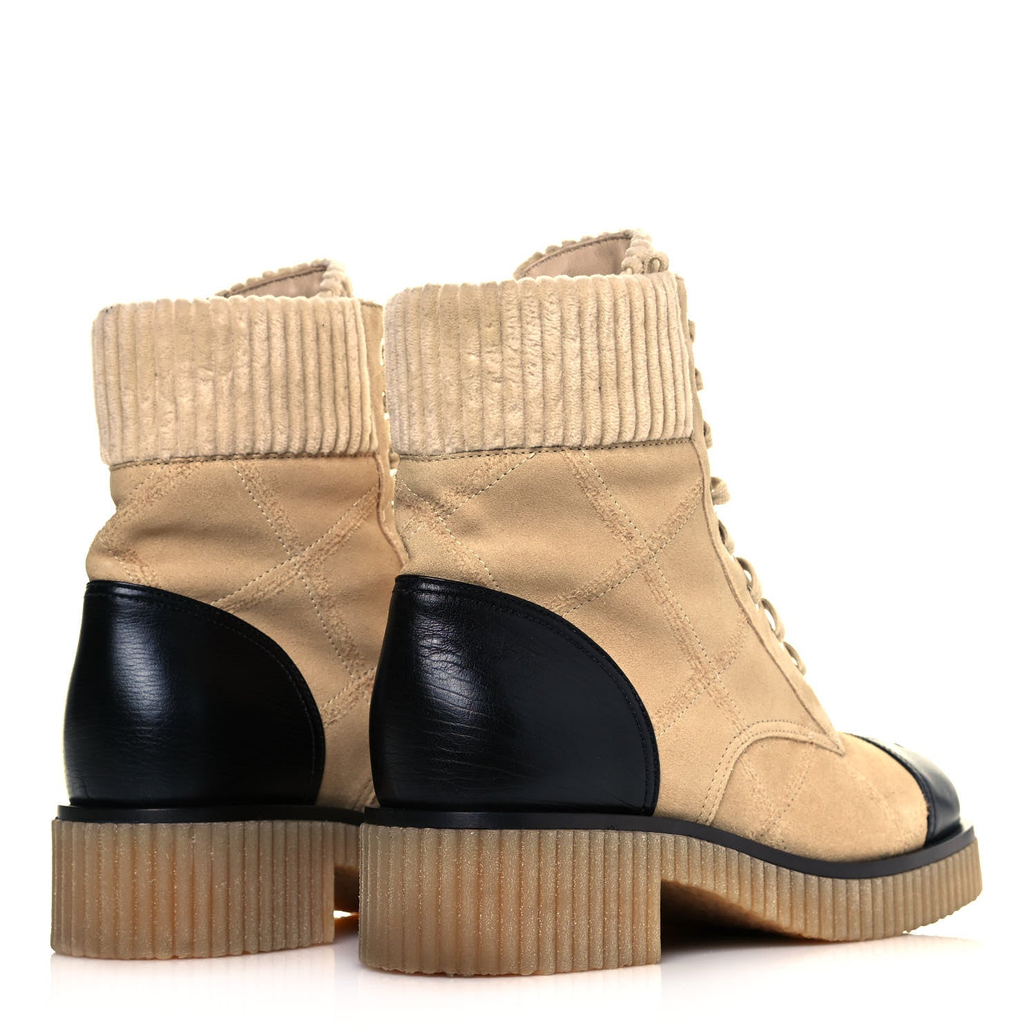 Chanel Suede Calfskin Velvet Quilted CC Combat Boots 40 Beige Black 4 of 8