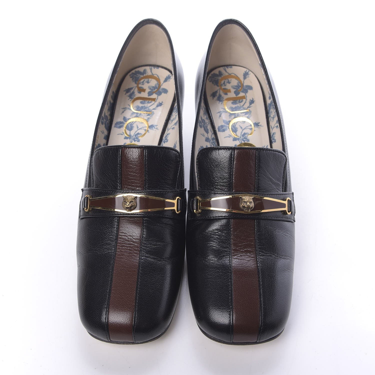 Gucci Goatskin Feline Ginger Loafer Pumps 37 Black Light Brown 5 of 10