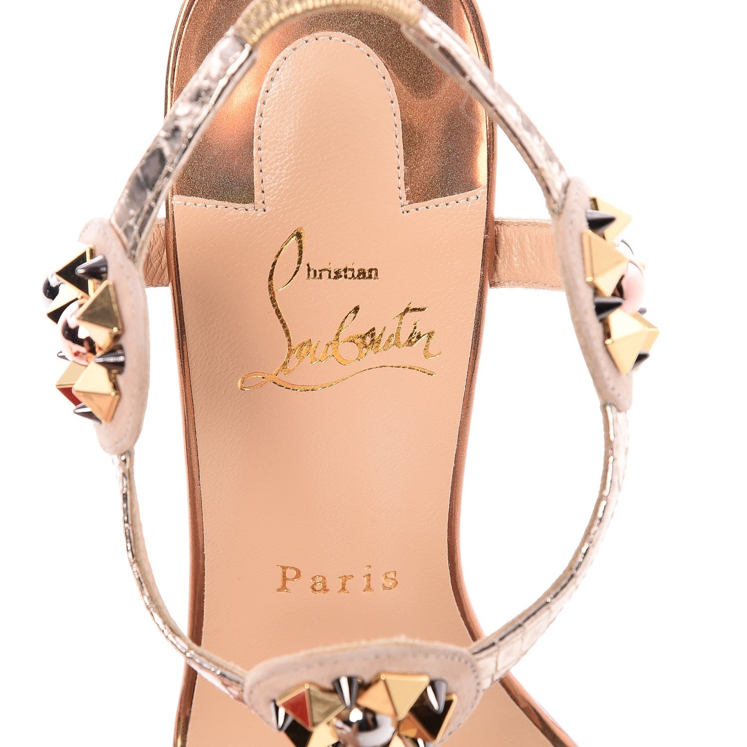 Christian Louboutin Studded Lame Metallic Patent Kaleitop 85 T-Strap Sandals 38 Doudou 7 of 8