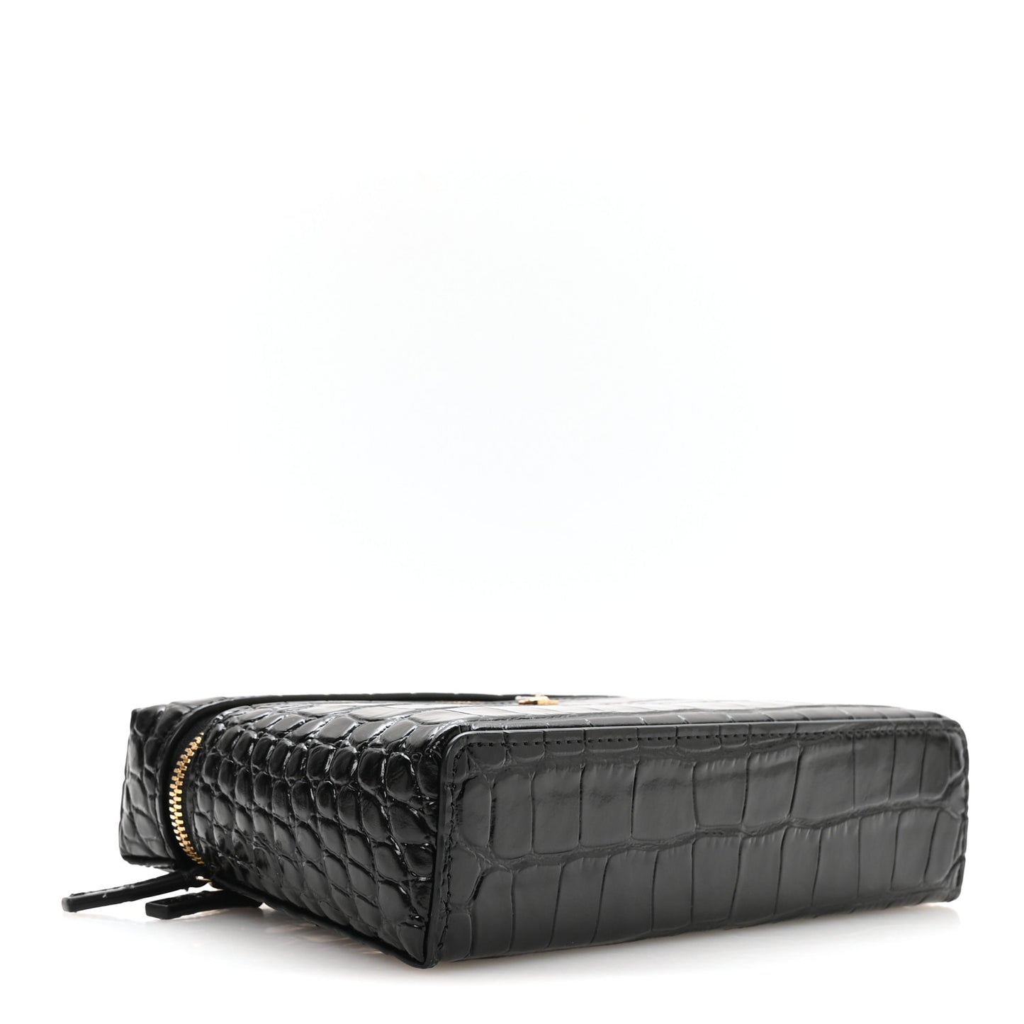 Calfskin Crocodile Embossed Crococo Top Handle Slim Vanity Case With Chain Black