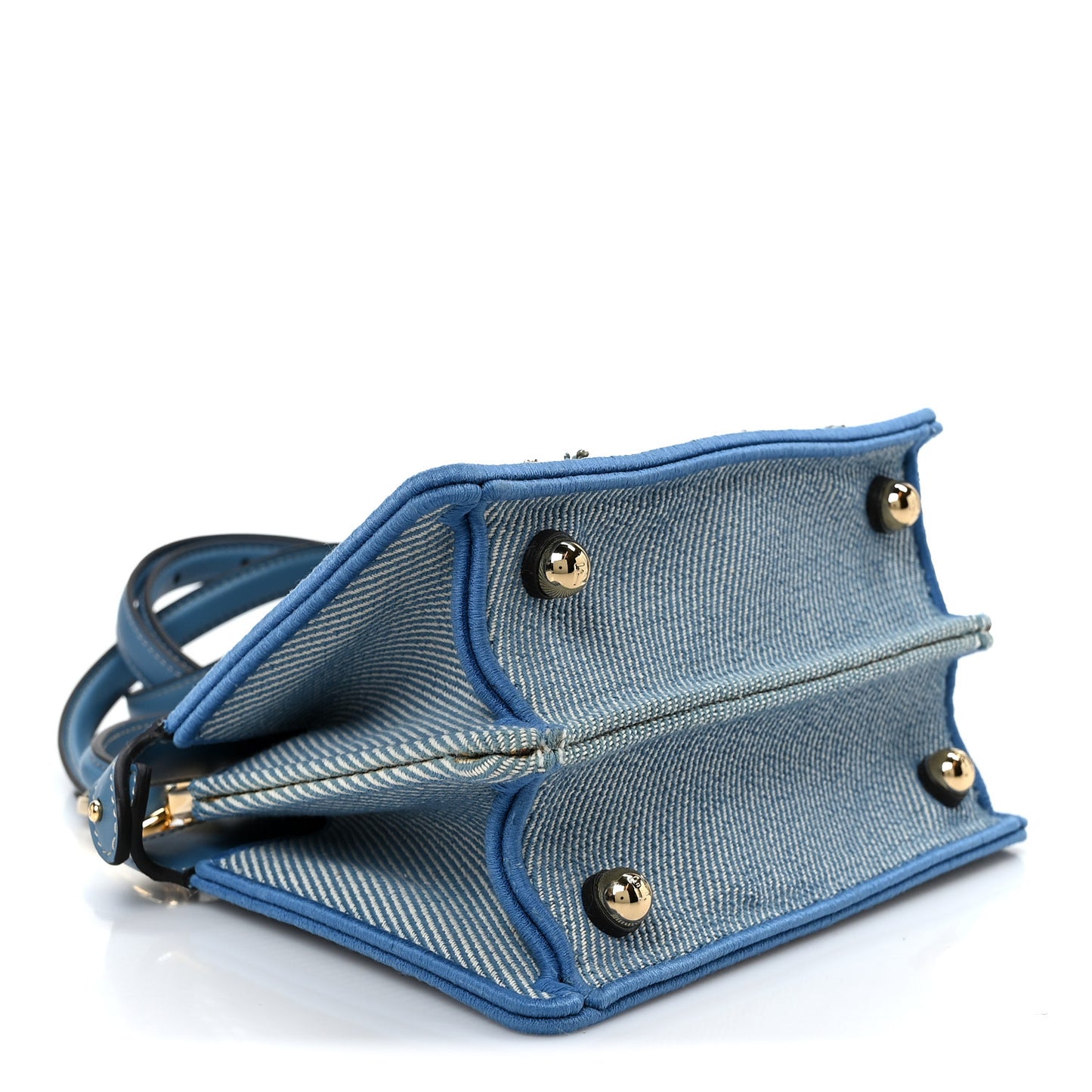 Woven Fabric Calfskin Floral Embroidered Petite Peekaboo I SEE U Satchel Blue