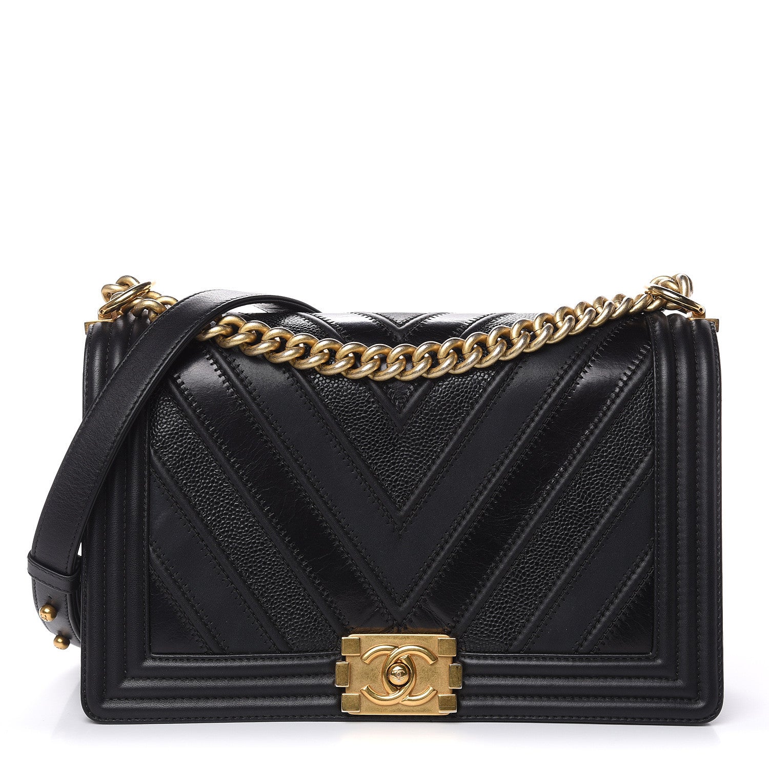 Chanel Calfskin Caviar Suede Chevron New Medium Boy Flap Black 1 of 16