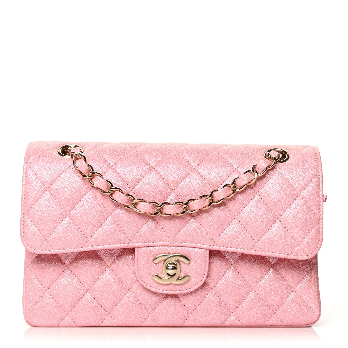 Iridescent Caviar Quilted Small Double Flap Pink