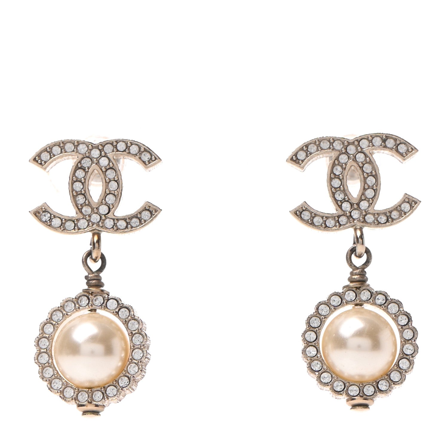 Chanel Crystal Pearl CC Lace Camellia Earrings Gold 1 of 4