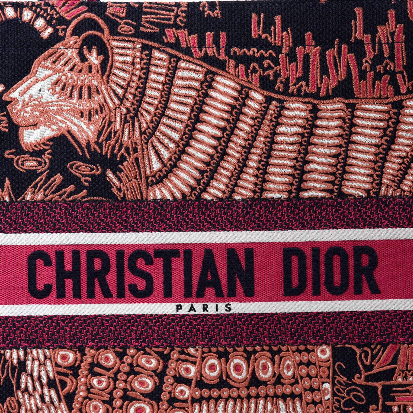 Canvas Embroidered Dior Animals Tiger Book Tote Deep Blue Fuchsia