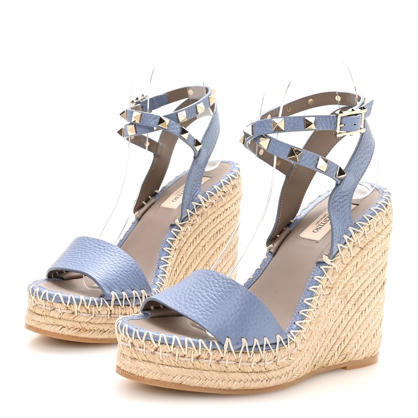 Grained Calfskin Rockstud Ankle Strap Espadrille 15/105mm Wedge Sandals 36 Baltique Natural