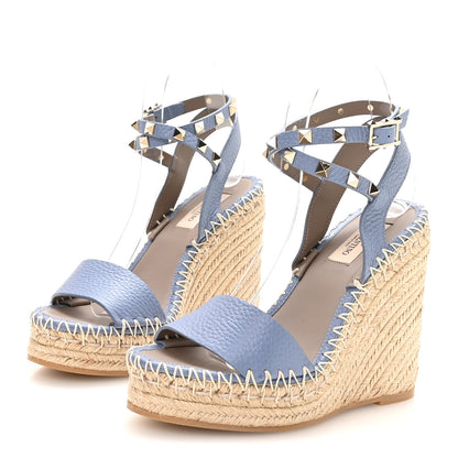 Valentino Garavani Grained Calfskin Rockstud Ankle Strap Espadrille 15/105mm Wedge Sandals 36 Baltique Natural 4 of 9