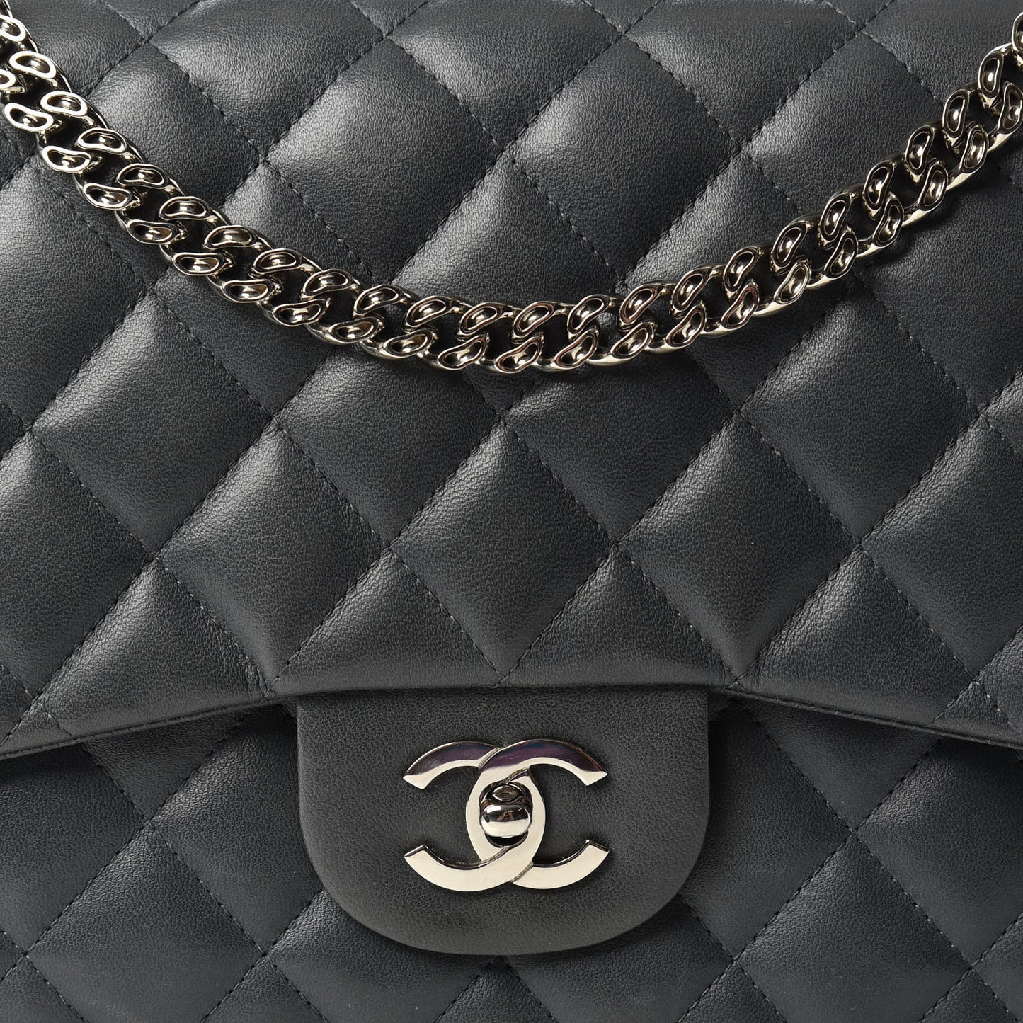 Lambskin Quilted Jumbo Single Bijoux Chain Flap Gris Fonce