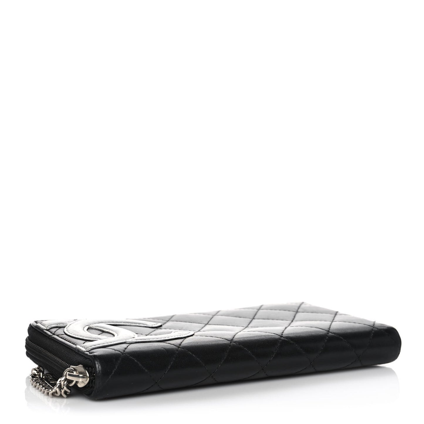 Calfskin Quilted Cambon Large Gusset Zip Around Wallet Black Silver