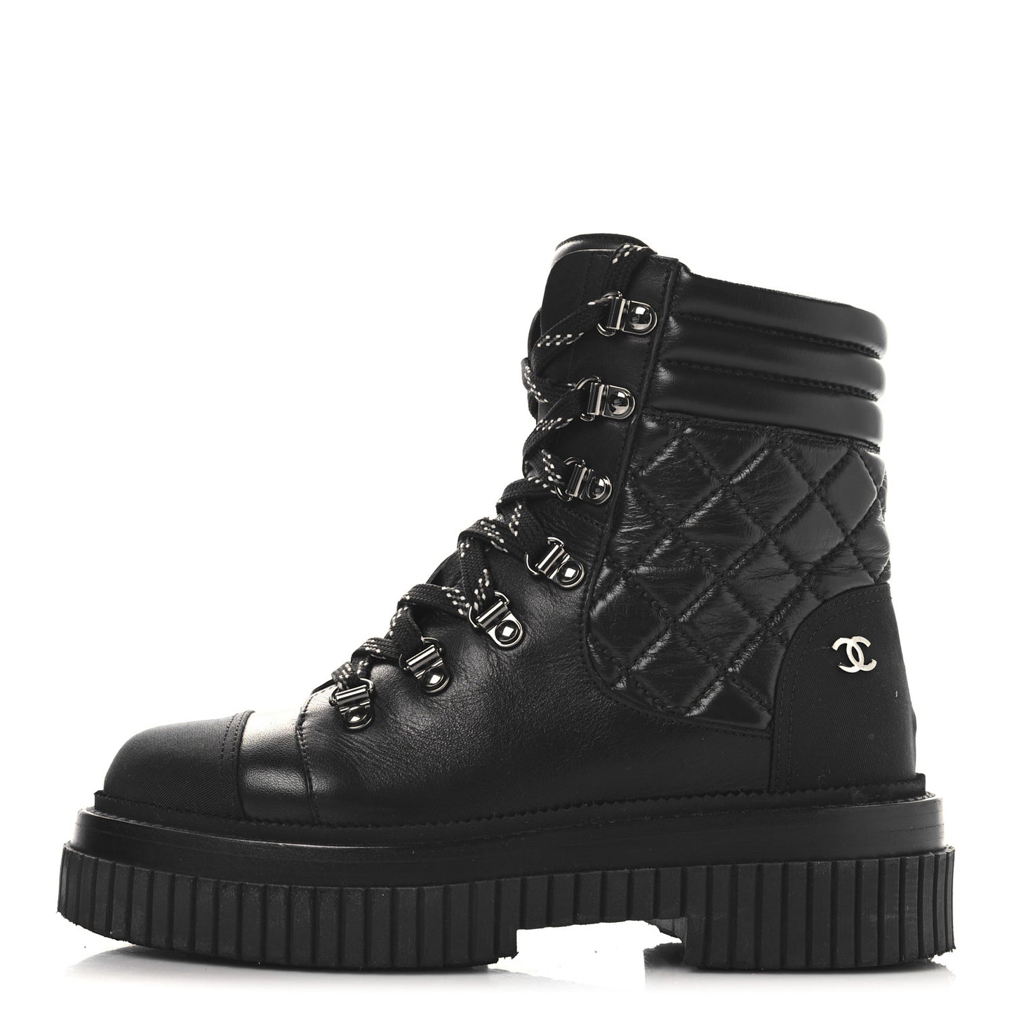 Calfskin Grosgrain Quilted Lace Up Boots 35 Black Grey