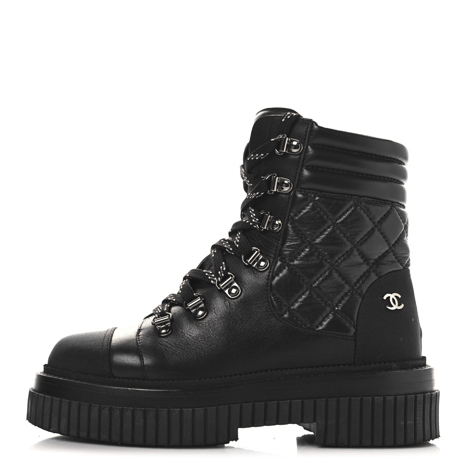 Chanel Calfskin Grosgrain Quilted Lace Up Boots 35 Black Grey 1 of 9