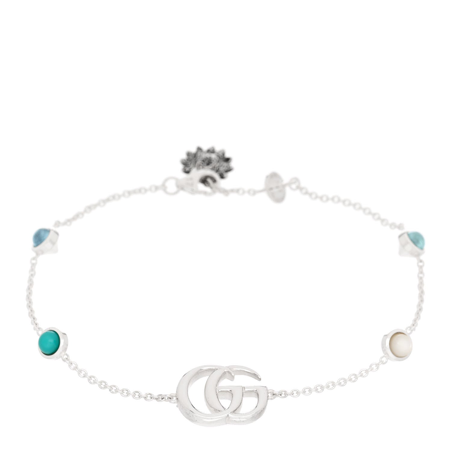 Gucci Sterling Silver Blue Topaz Mother of Pearl Resin Double G Flower Bracelet Turquoise 1 of 4