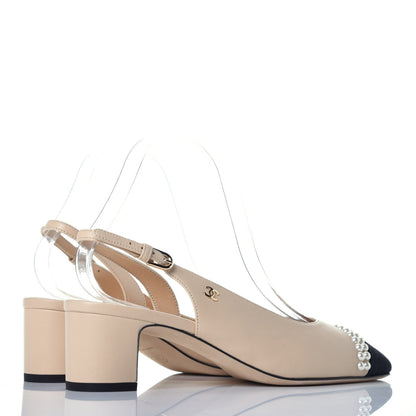 Chanel Lambskin Grosgrain Pearl Cap Toe CC Slingback Pumps 37 Beige Black 4 of 9