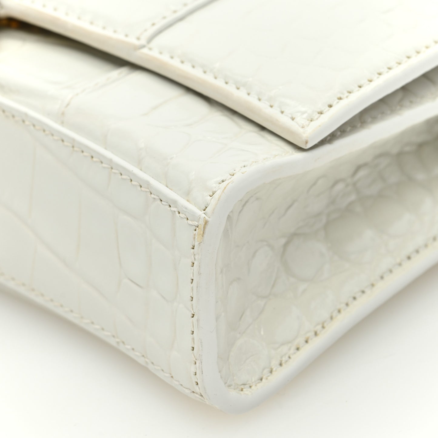 Shiny Calfskin Crocodile Embossed Hourglass Chain Bag White