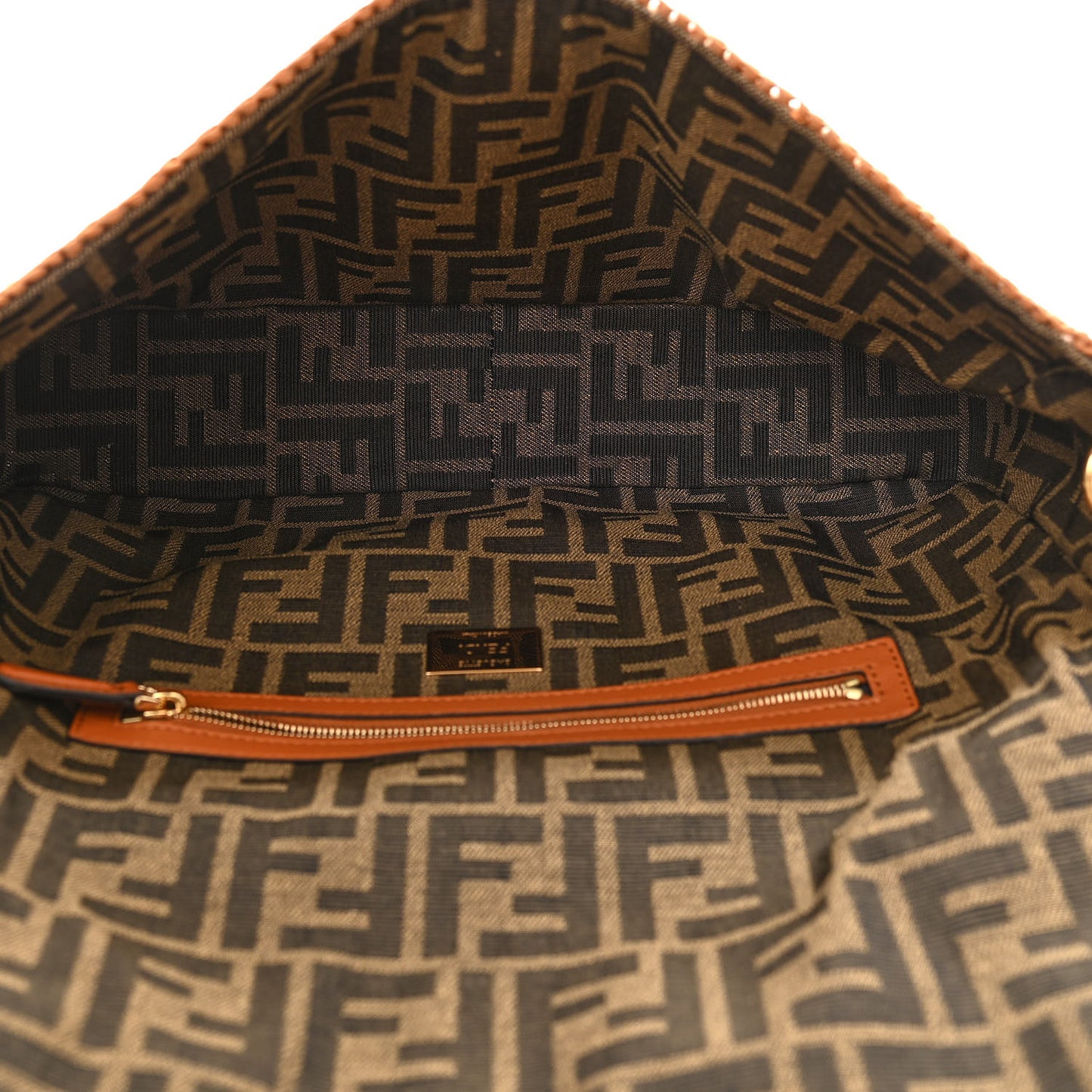Raffia Vitello Seta FF Woven Large Baguette Brick Natural