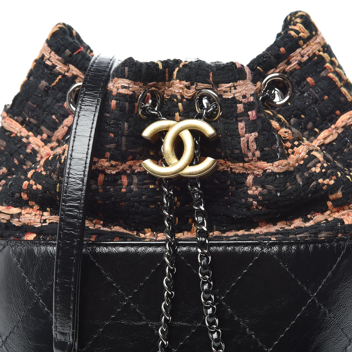 Tweed Calfskin Quilted Small Gabrielle Bucket Black Brown Orange