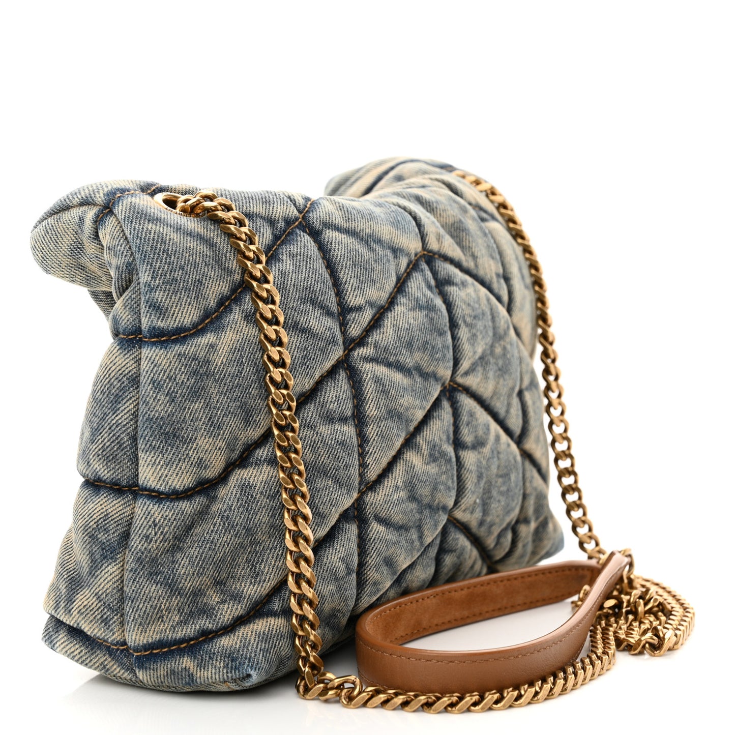 SAINT LAURENT Denim Quilted Toy Loulou Puffer Monogram Chain Satchel Blue Cinnamon