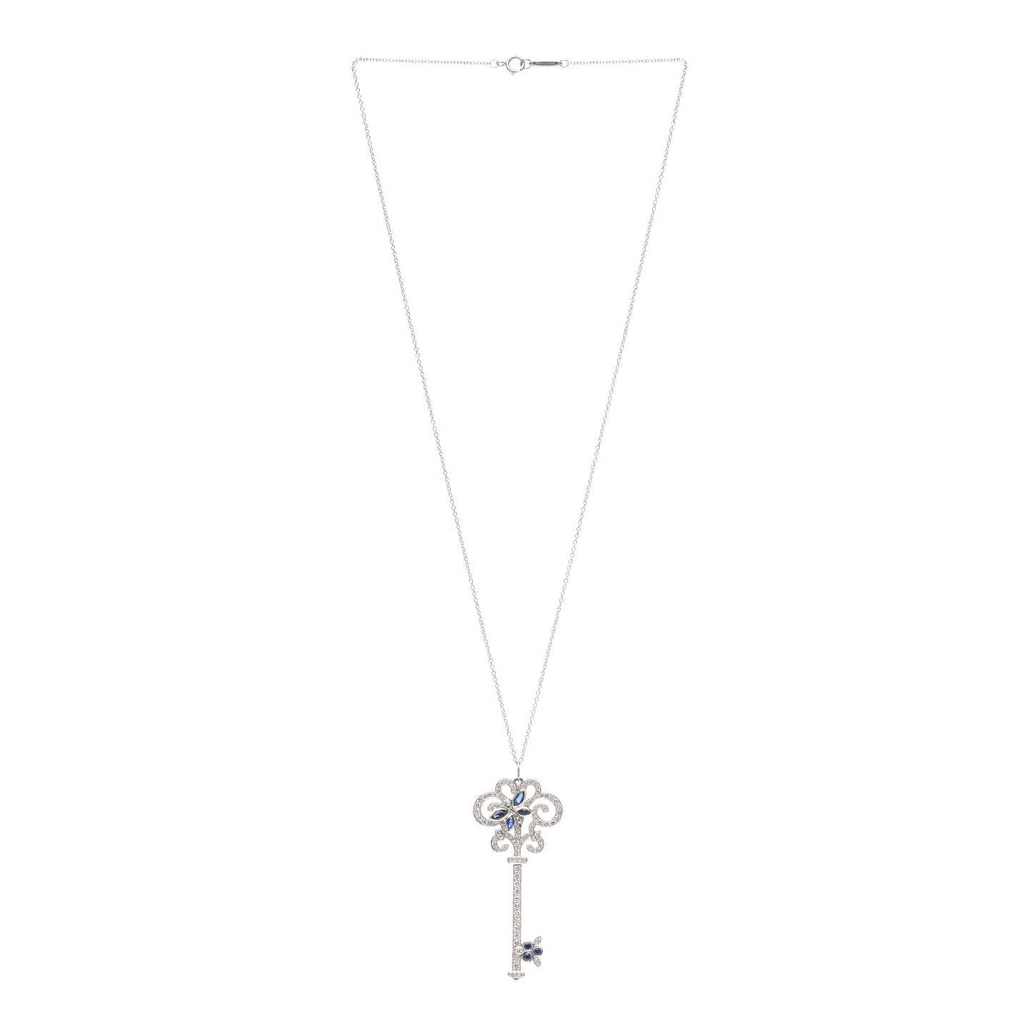 Platinum Diamond Blue Sapphire Enchant Dragonfly Key Pendant Necklace