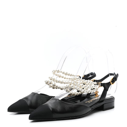 Chanel Lambskin Grosgrain Cap Toe Pearl Slingbacks 36 Black 3 of 9