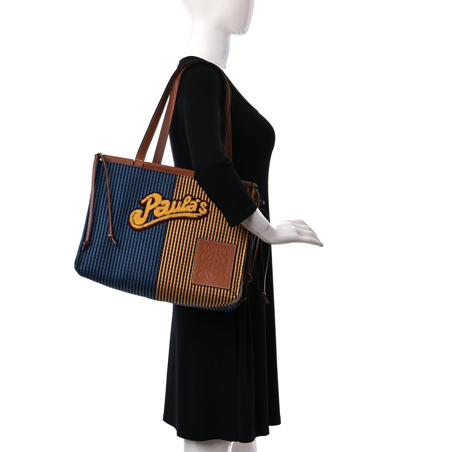 Canvas Calfskin Print Paulas Ibiza Stripes Cushion Tote Blue Yellow