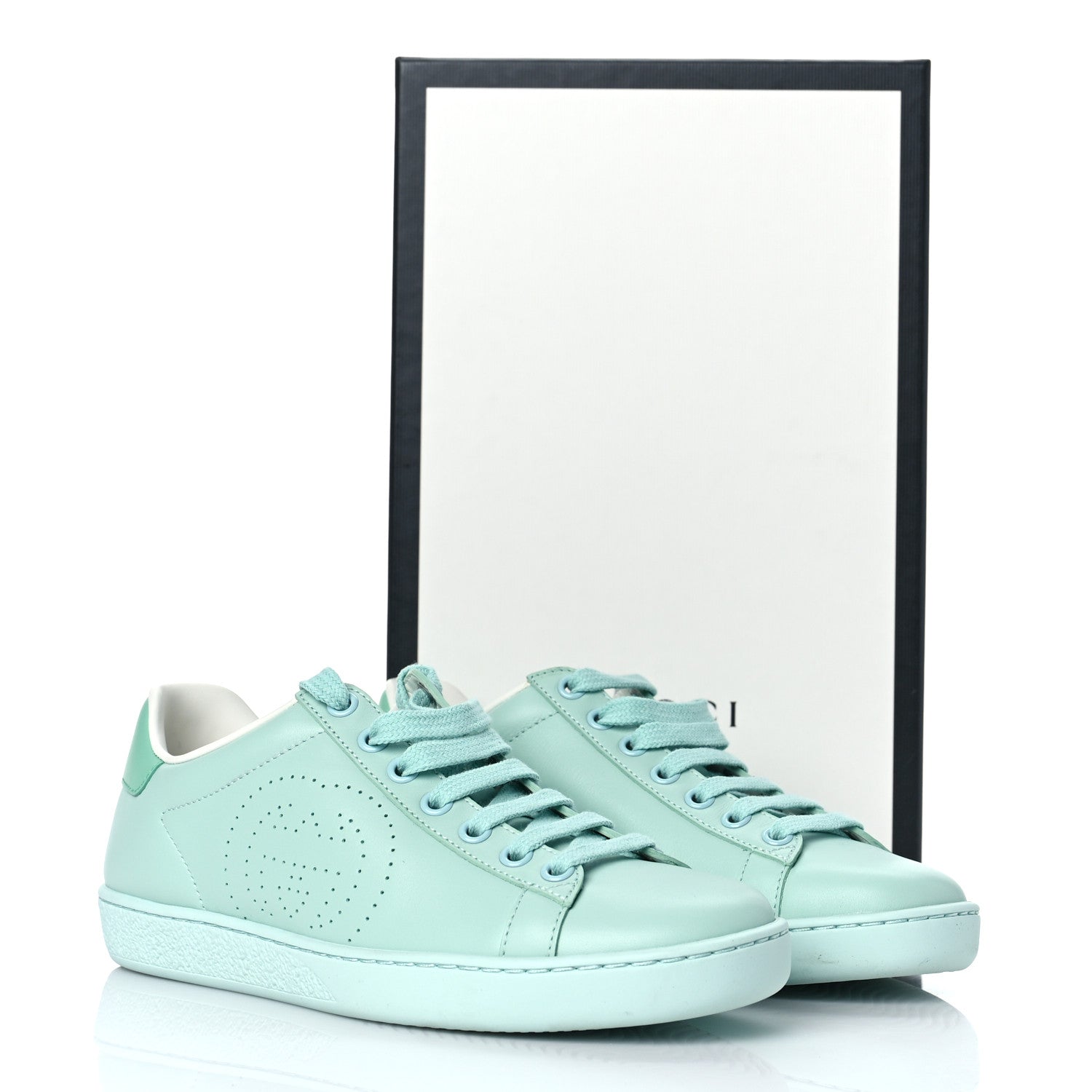 Gucci Calfskin Interlocking G Perforated Womens Ace Sneakers 35 Water Green Synthetic Green Garden 10 of 10