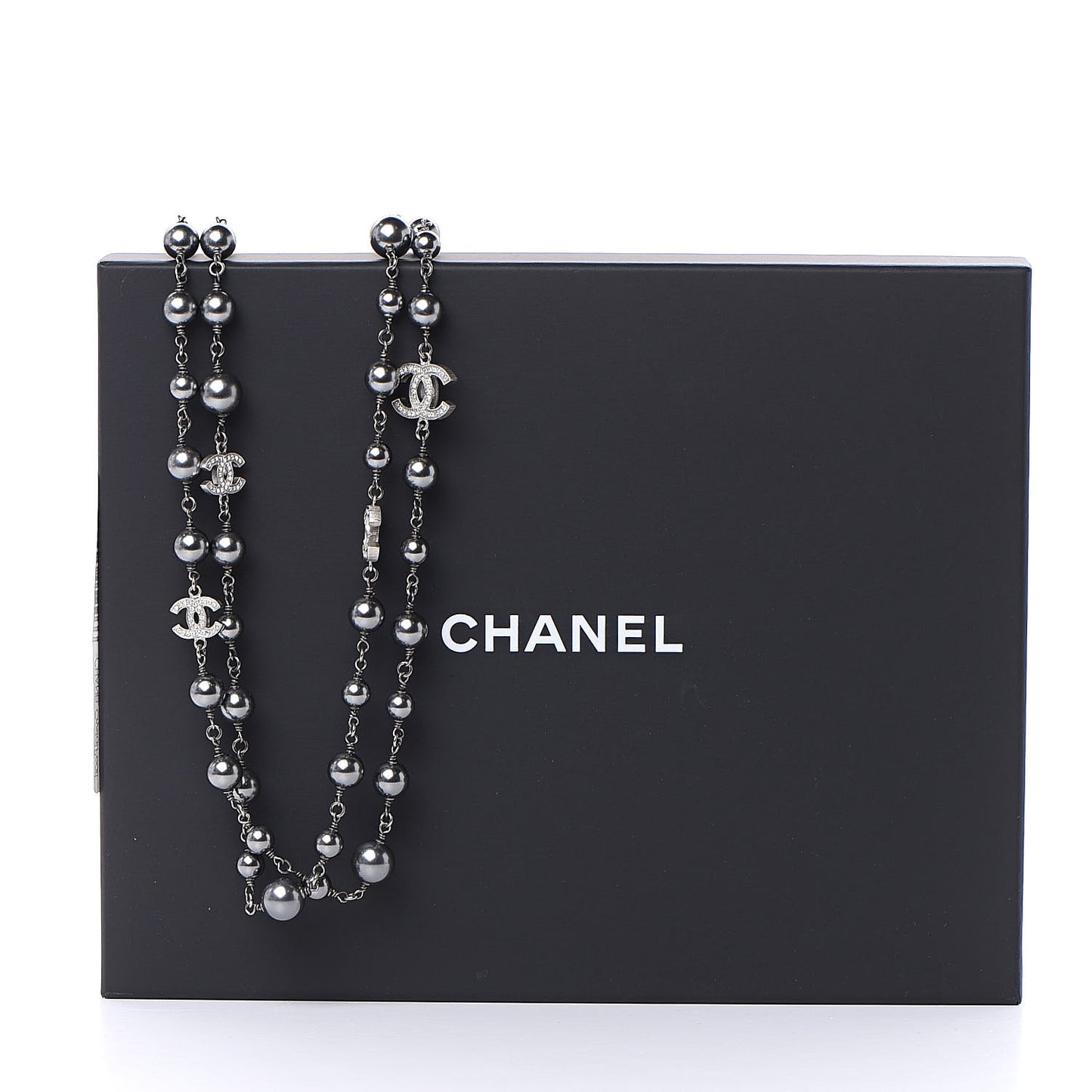 Crystal Pearl Beaded CC Long Necklace Ruthenium