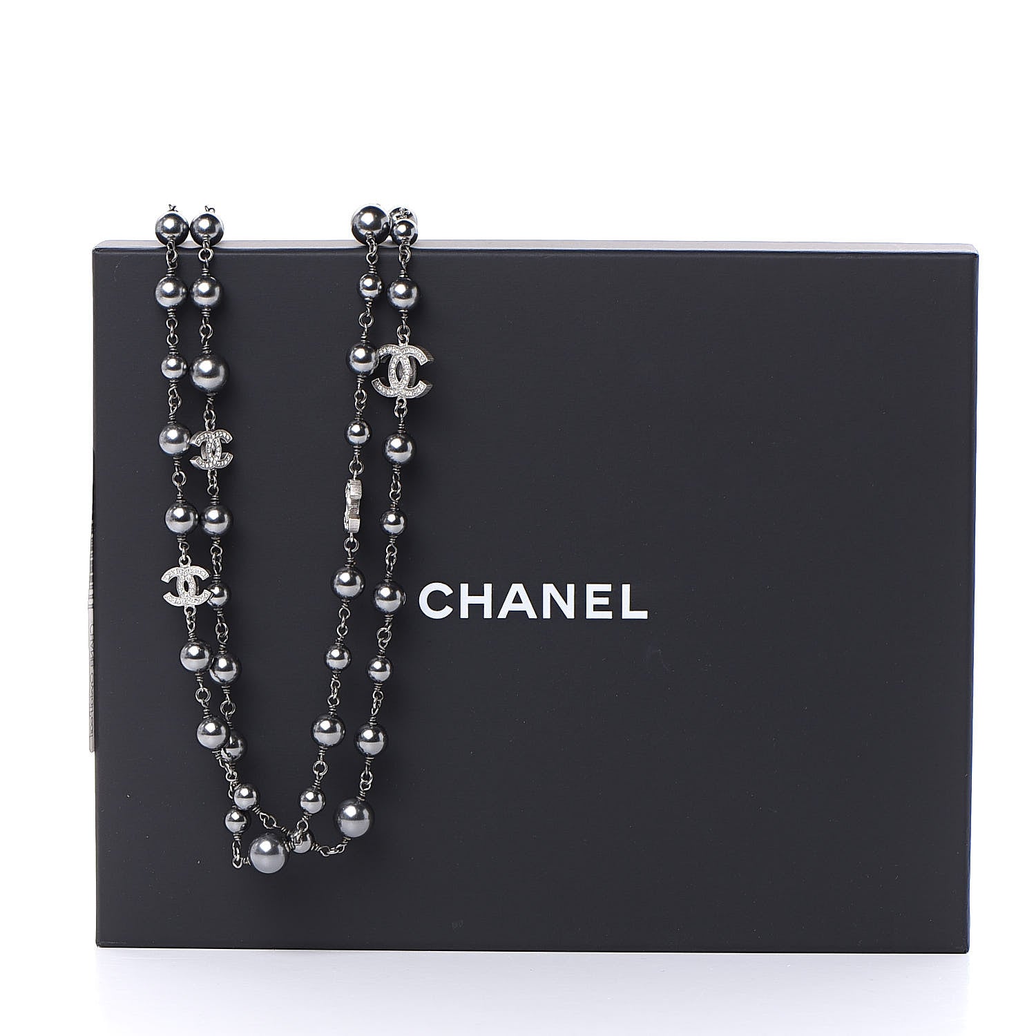Chanel Crystal Pearl Beaded CC Long Necklace Ruthenium 6 of 6
