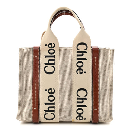 Chloe Cotton Calfskin Small Woody Ribbon Tote White Brown 1 of 12