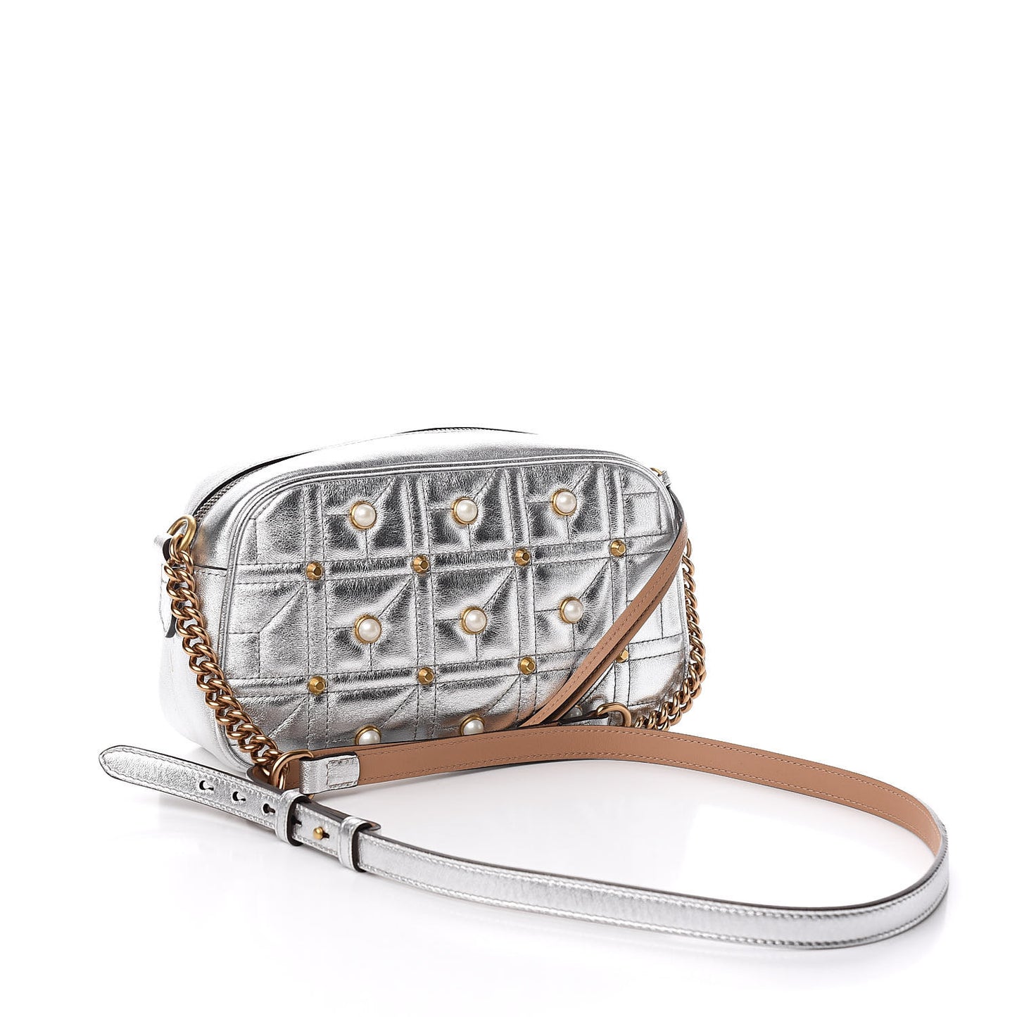 Metallic Calfskin Matelasse Studded Small Pearly GG Marmont Chain Shoulder Bag Silver