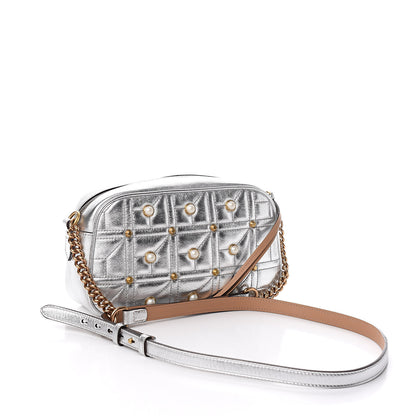 Gucci Metallic Calfskin Matelasse Studded Small Pearly GG Marmont Chain Shoulder Bag Silver 3 of 11