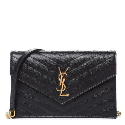 Saint Laurent Grain De Poudre Matelasse Chevron Monogram Envelope Chain Wallet Black 1 of 10