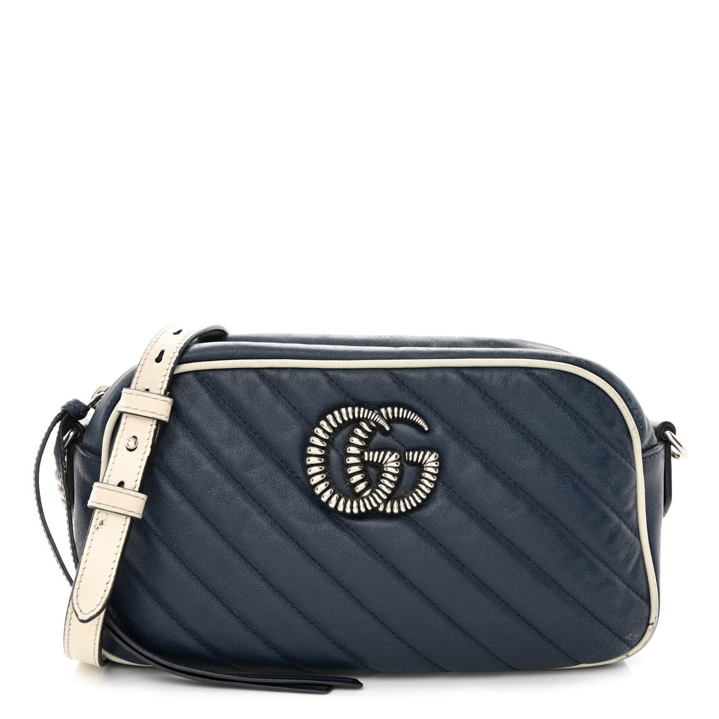 Vintage Effect Calfskin Matelasse Diagonal Small Torchon GG Marmont Chain Shoulder Bag Blue Agata Mystic White